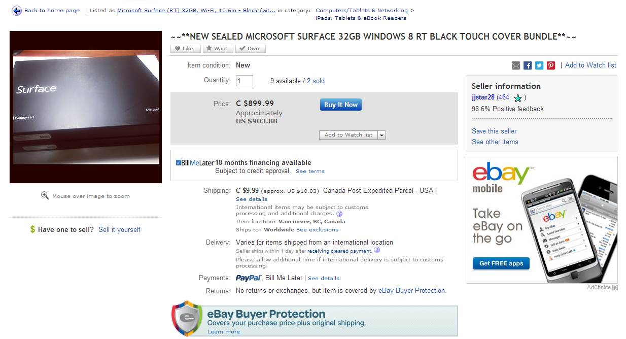 Ebay Auction for Surfaces