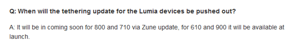 Nokia Lumia 800 to get tethering support