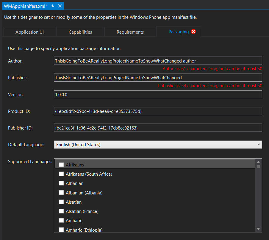 WMAppManifest Editor showing error