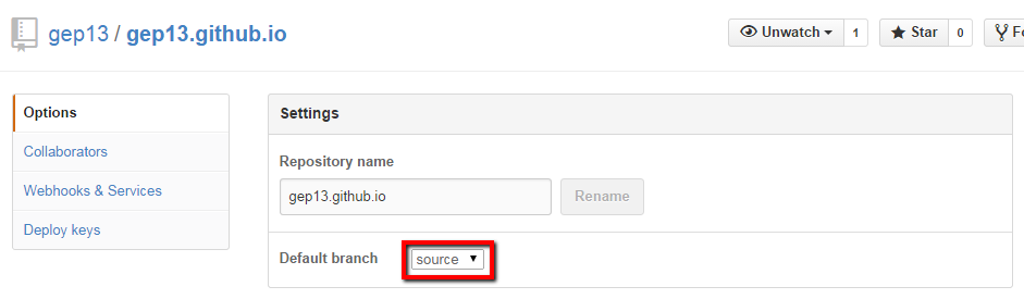 Set source branch as default in GitHub