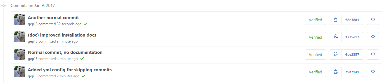 Series of commits into Source Control with doc commit message