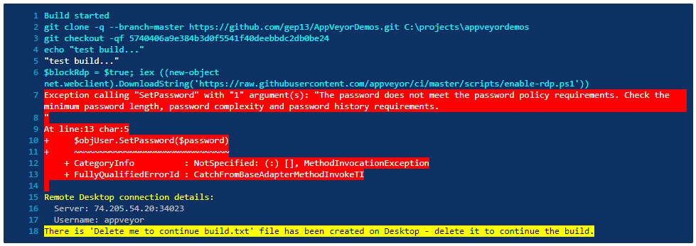 AppVeyor RDP Password Error